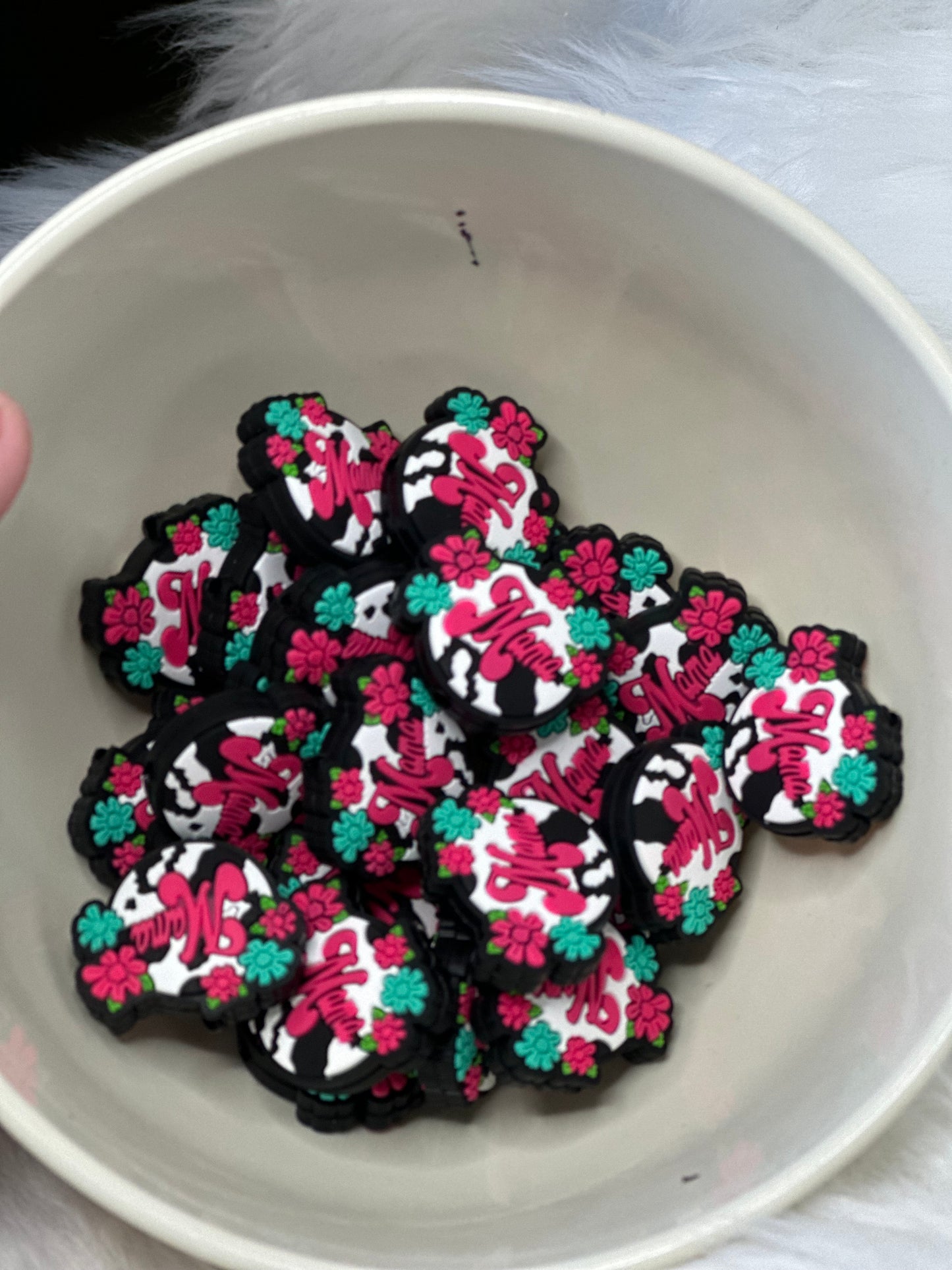 #339 floral cow print mama silicone focal bead