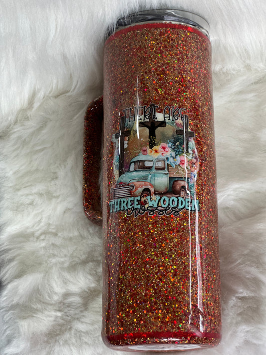 #50 glitter 20oz with handle tumbler three wooden crosses