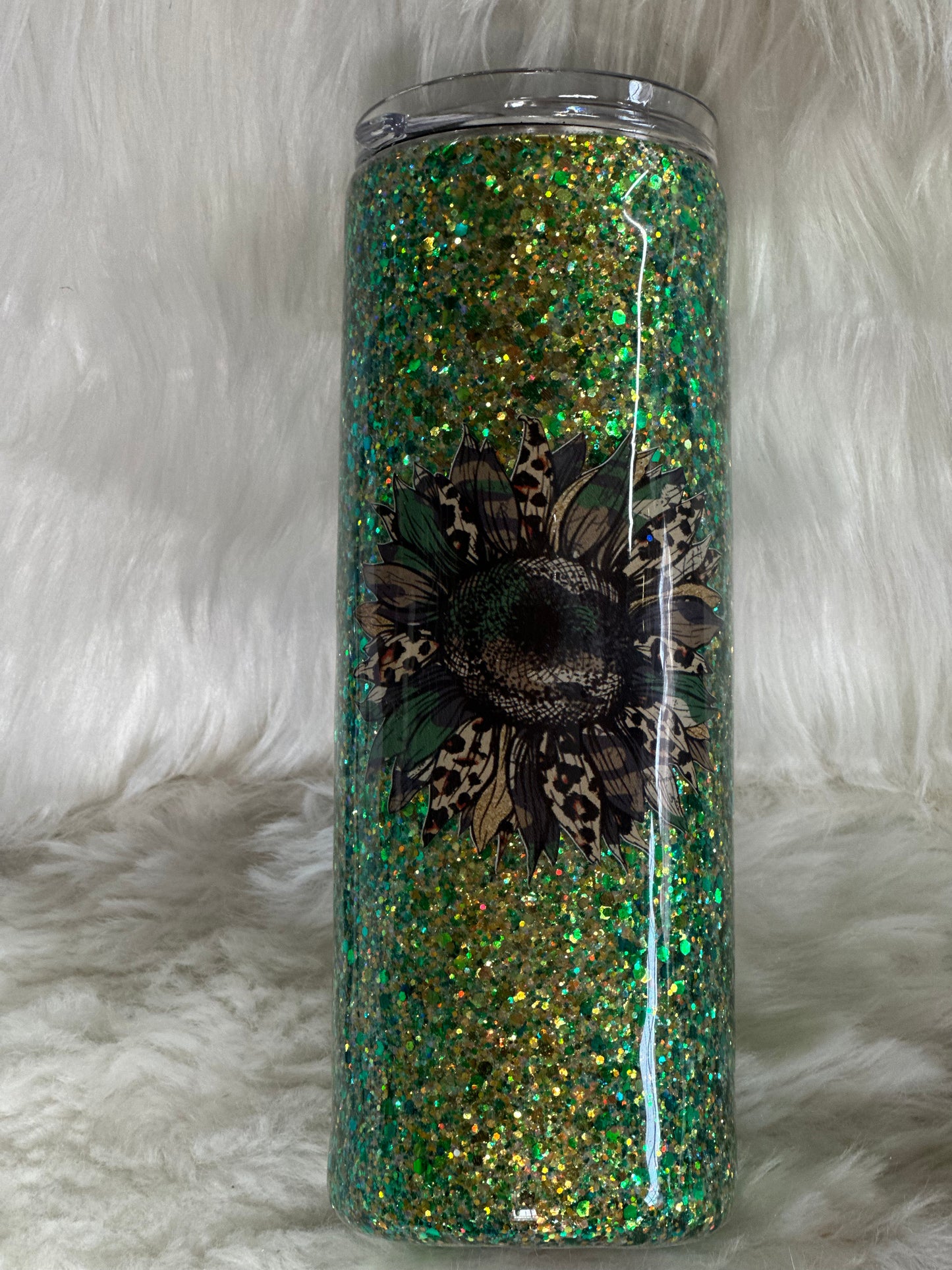 #48 green glitter sunflower tumbler