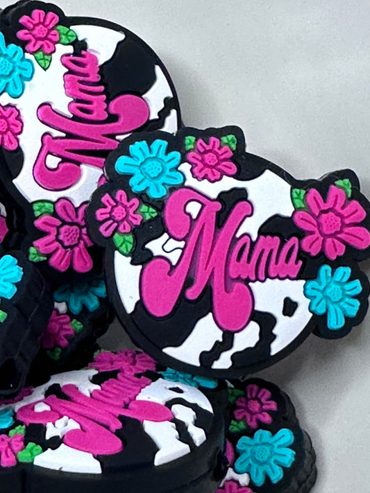 #339 floral cow print mama silicone focal bead
