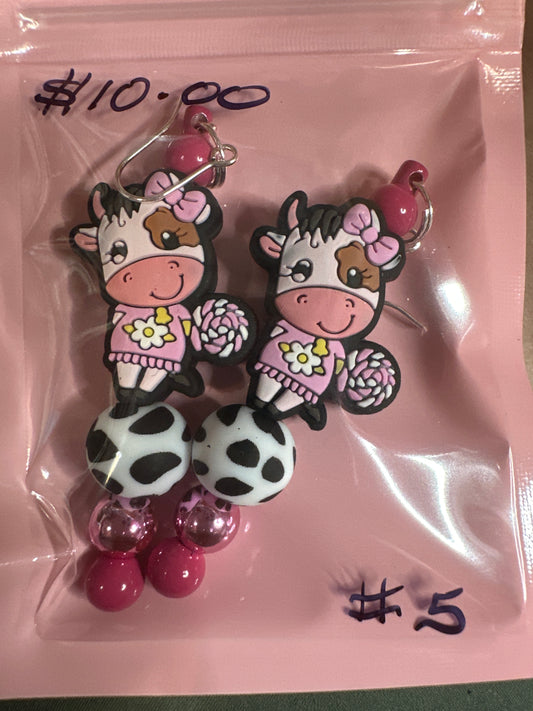 #5 pink cow beaded earring set