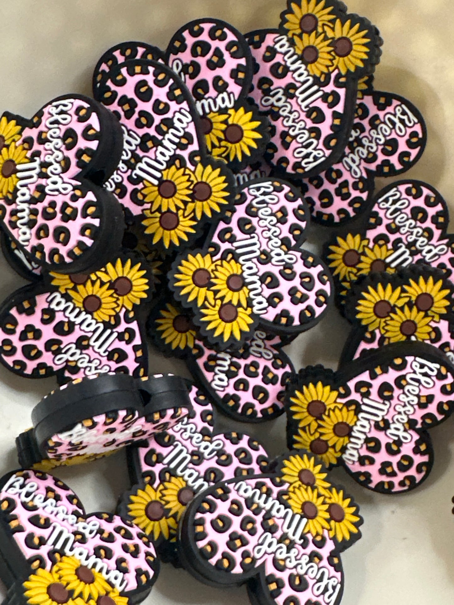 #482 blessed mama sunflower pink heart silicone focal beads