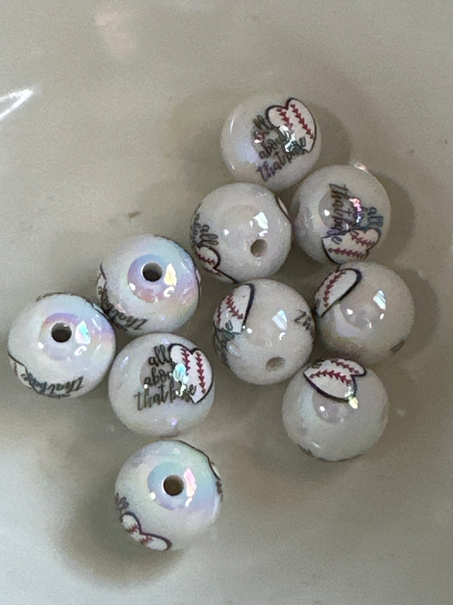 #34B baseball heart printed acrylic beads 16mm