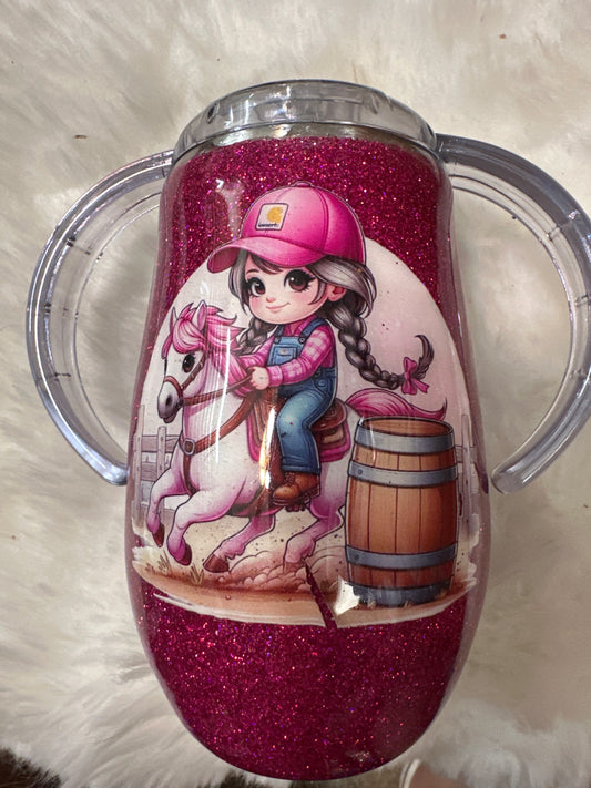 #6 Little barrel racing cowgirl, 14 ounce trainer sippy cup 