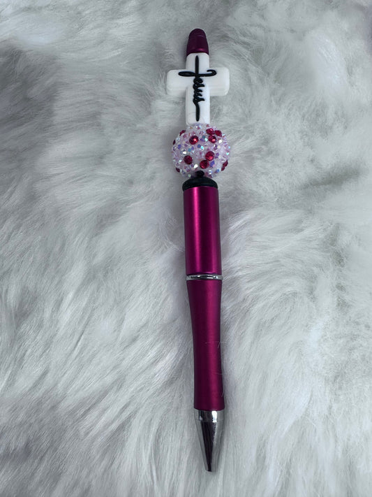 BEADED PINK WITH WHITE CROSS PEN