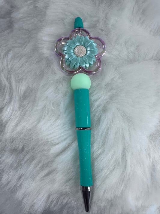 BEADED TEAL GREEN FLOWER PEN