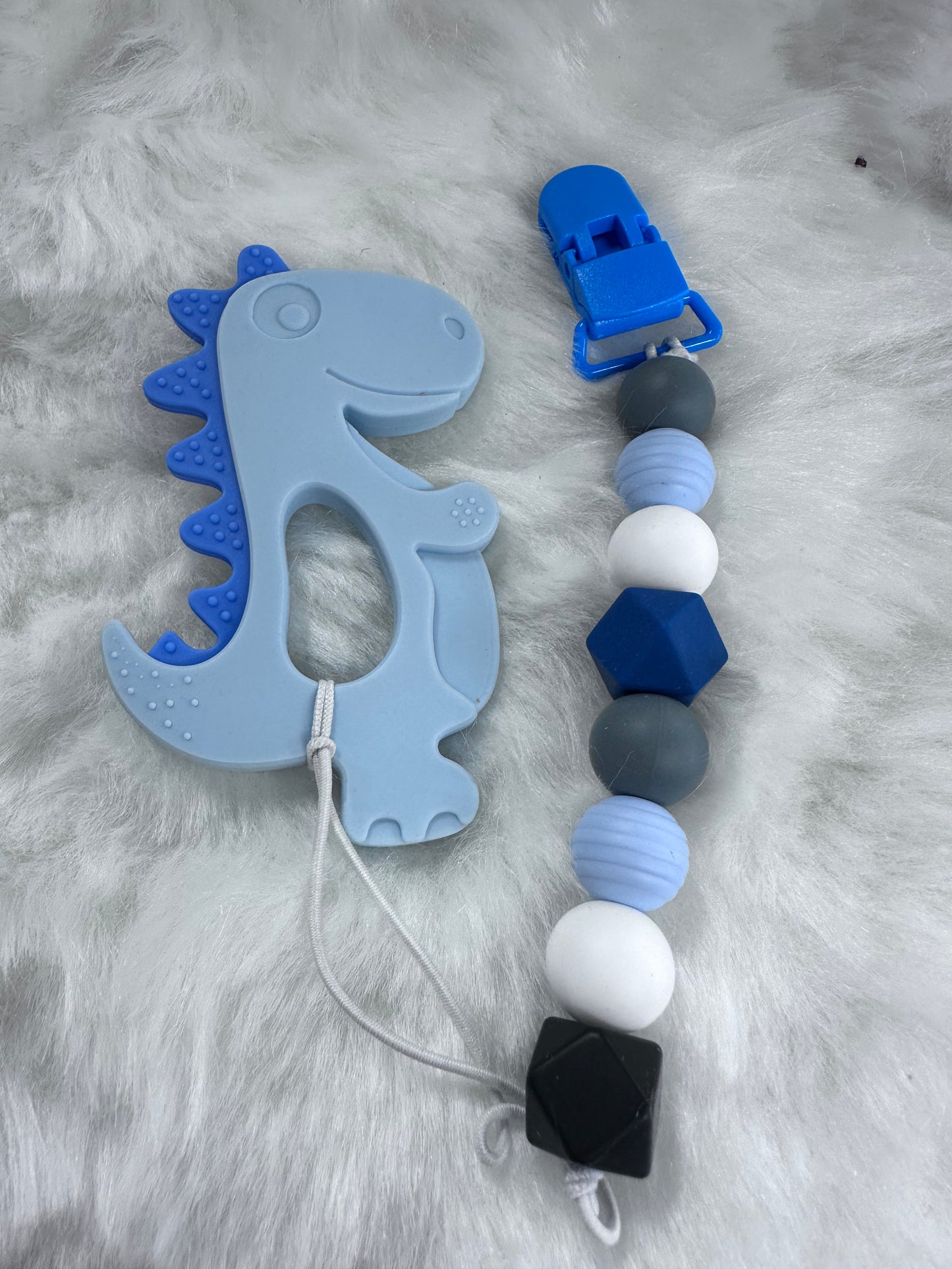Blue Dino teether with clip