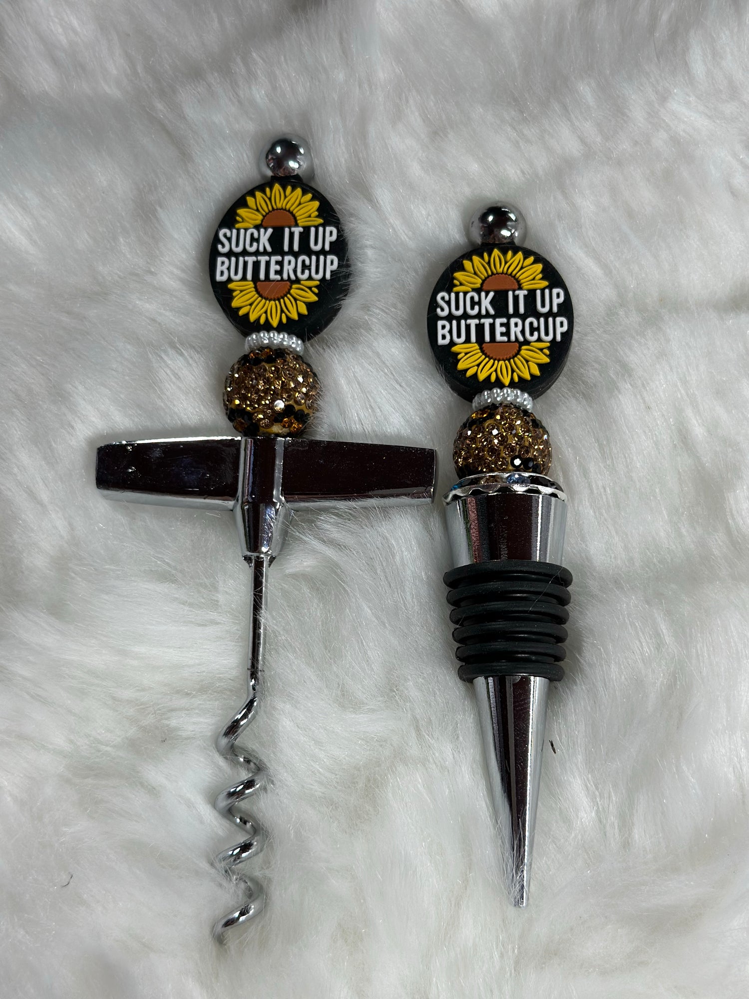 Beaded wine cork and screw set