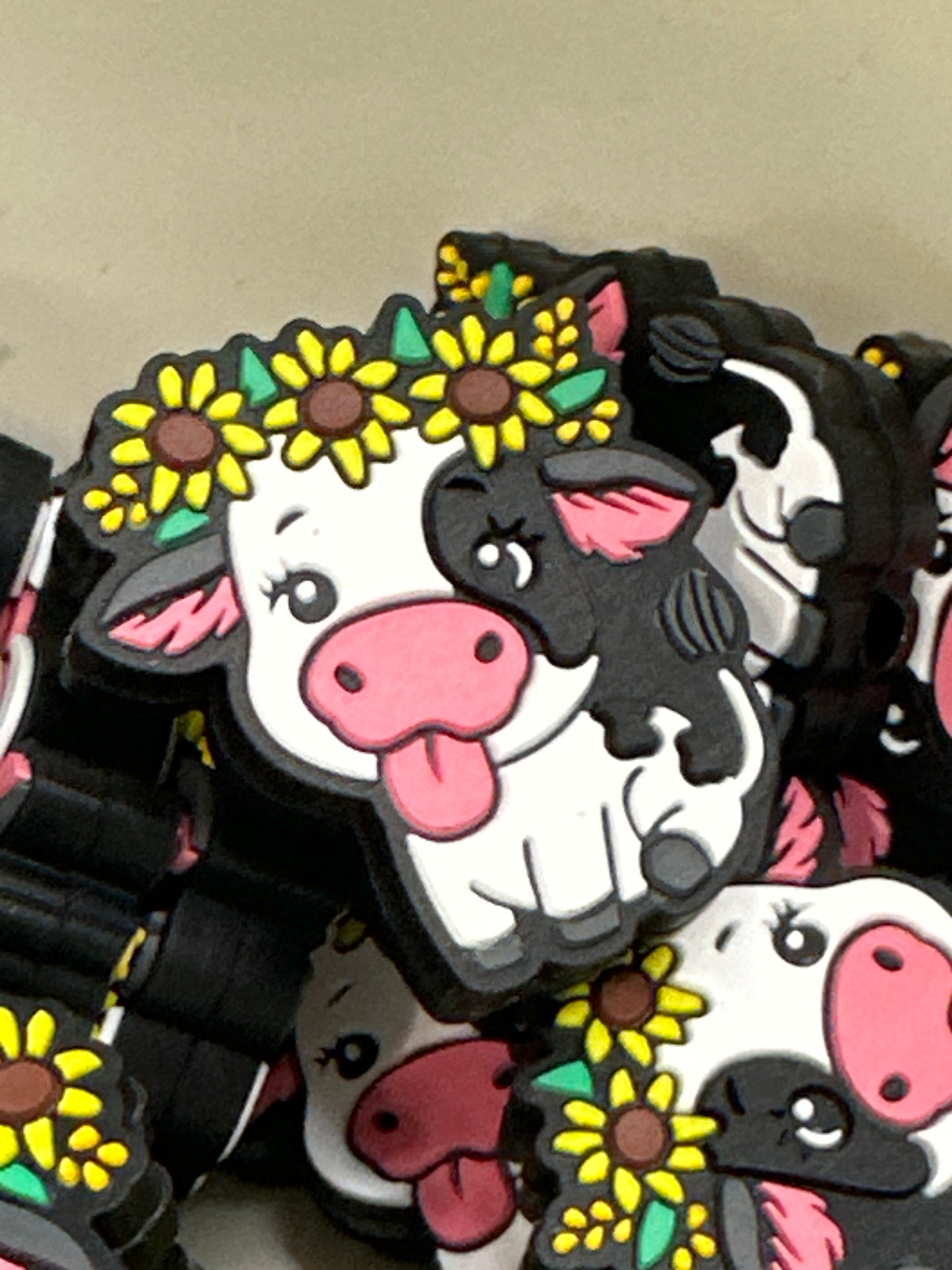 #512 black and white cow with sunflower silicone focal beads