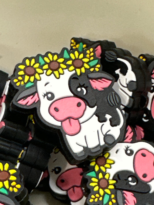 #512 black and white cow with sunflower silicone focal beads
