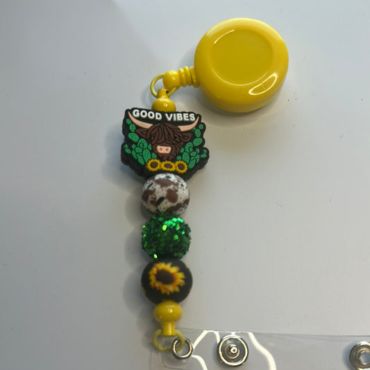Good vibes cow silicone beaded badge reel