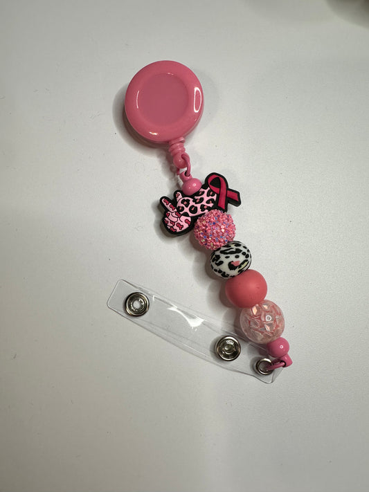 Peace, love,breast cancer beaded badge reel