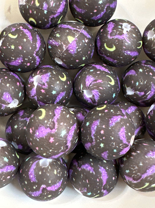 #58 pack of 10 15mm galaxy bat and moon printed silicone focal beads