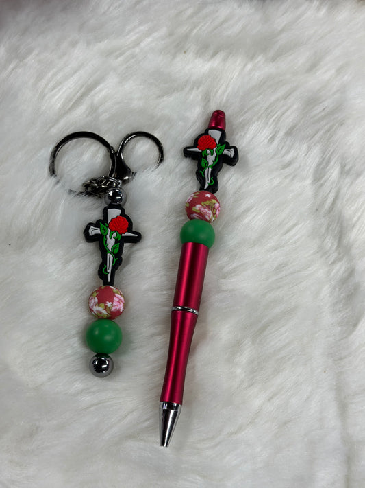 Cross with Red Rose Pen and Keychain Bar beaded set