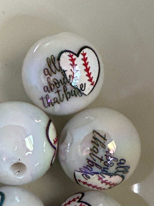 #34B baseball heart printed acrylic beads 16mm