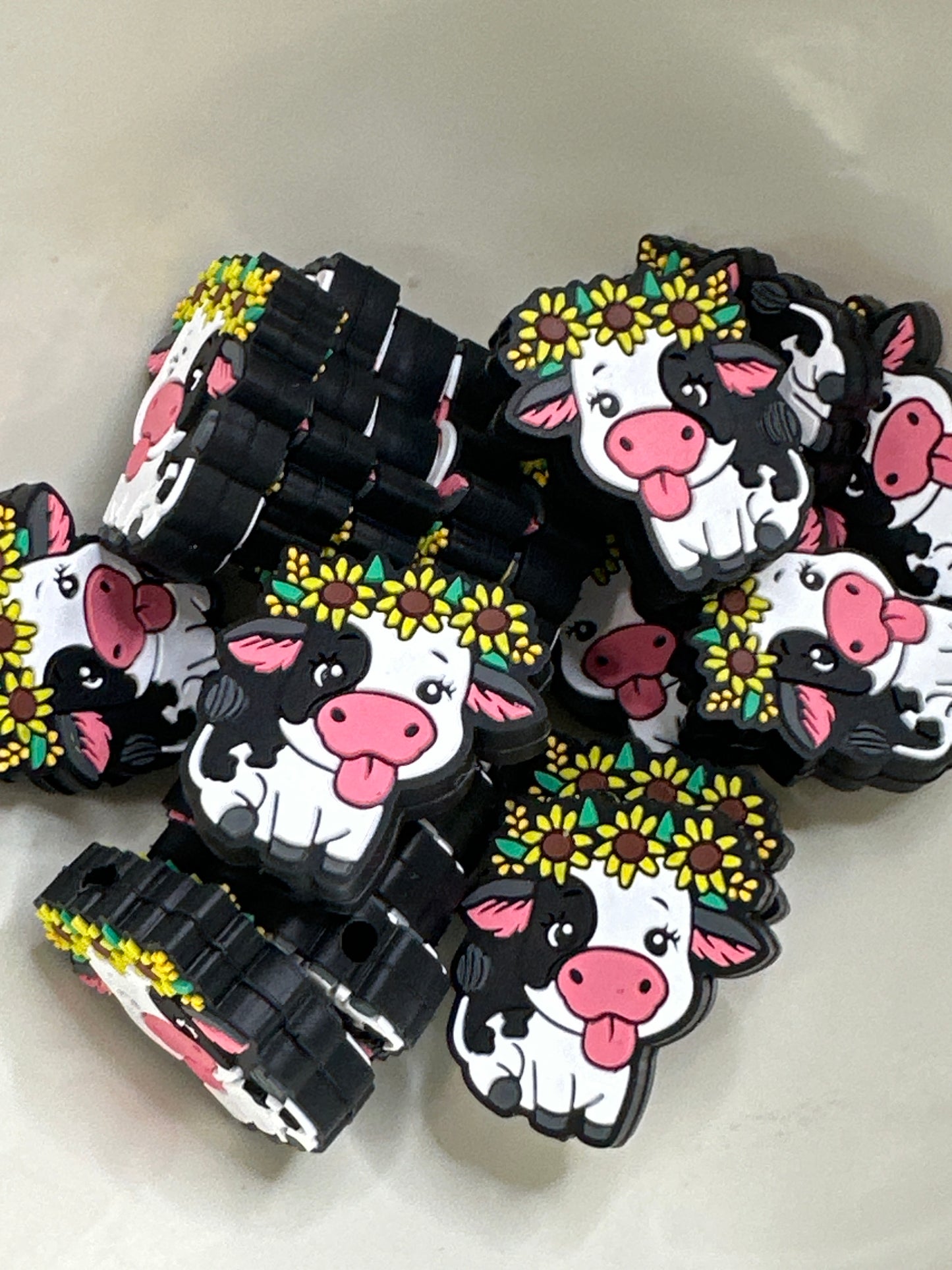 #512 black and white cow with sunflower silicone focal beads