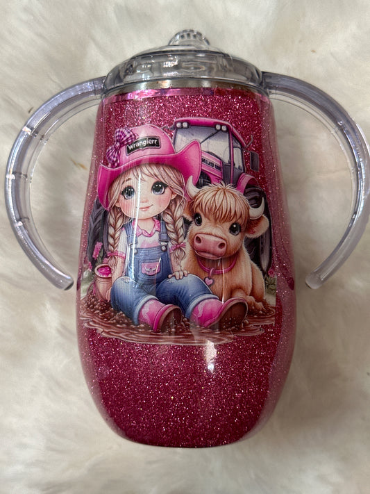 #7 Little cowgirl with cow and tractor 14oz trainer sippy cup
