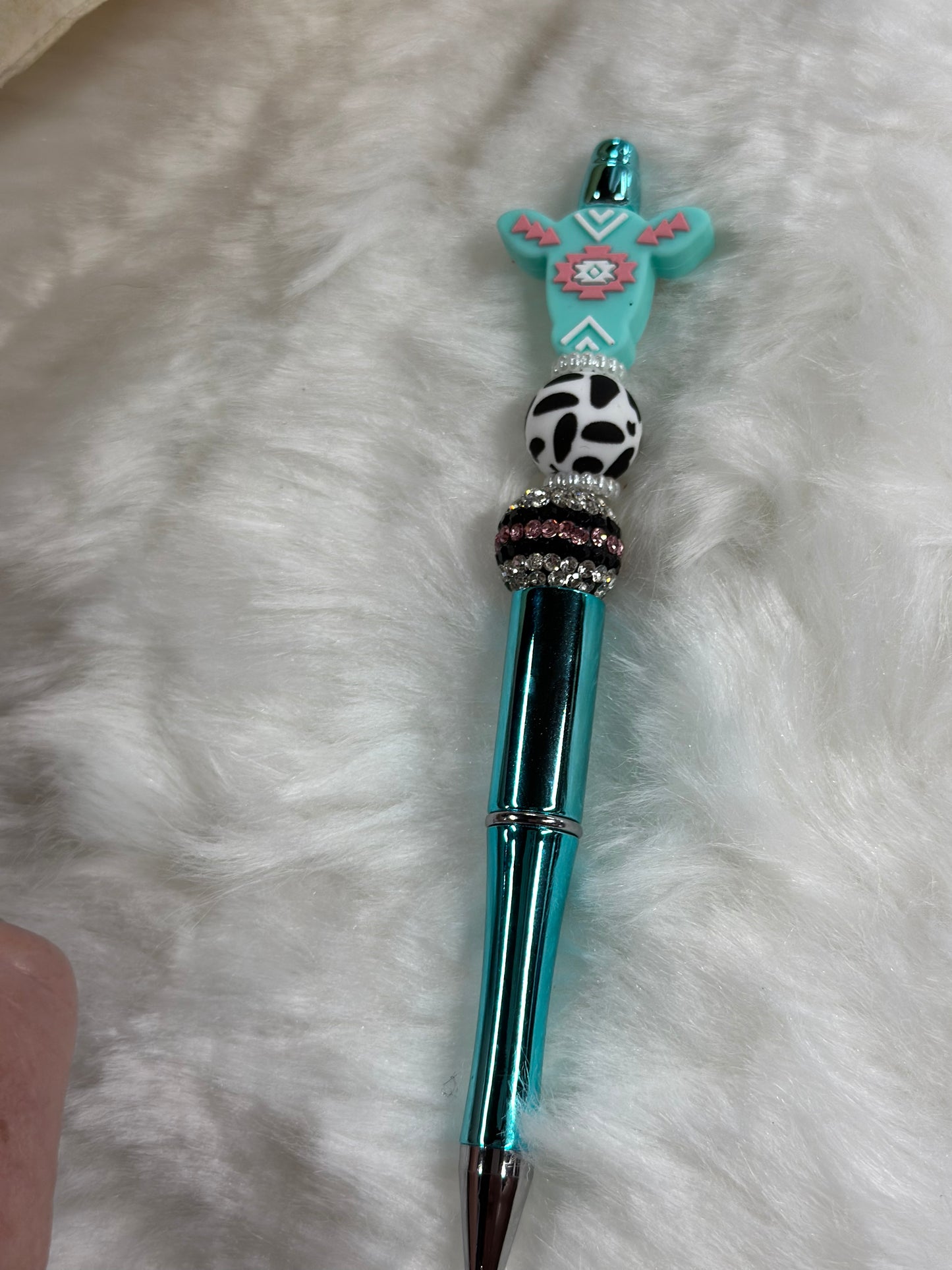 Aztec teal cow beaded pen