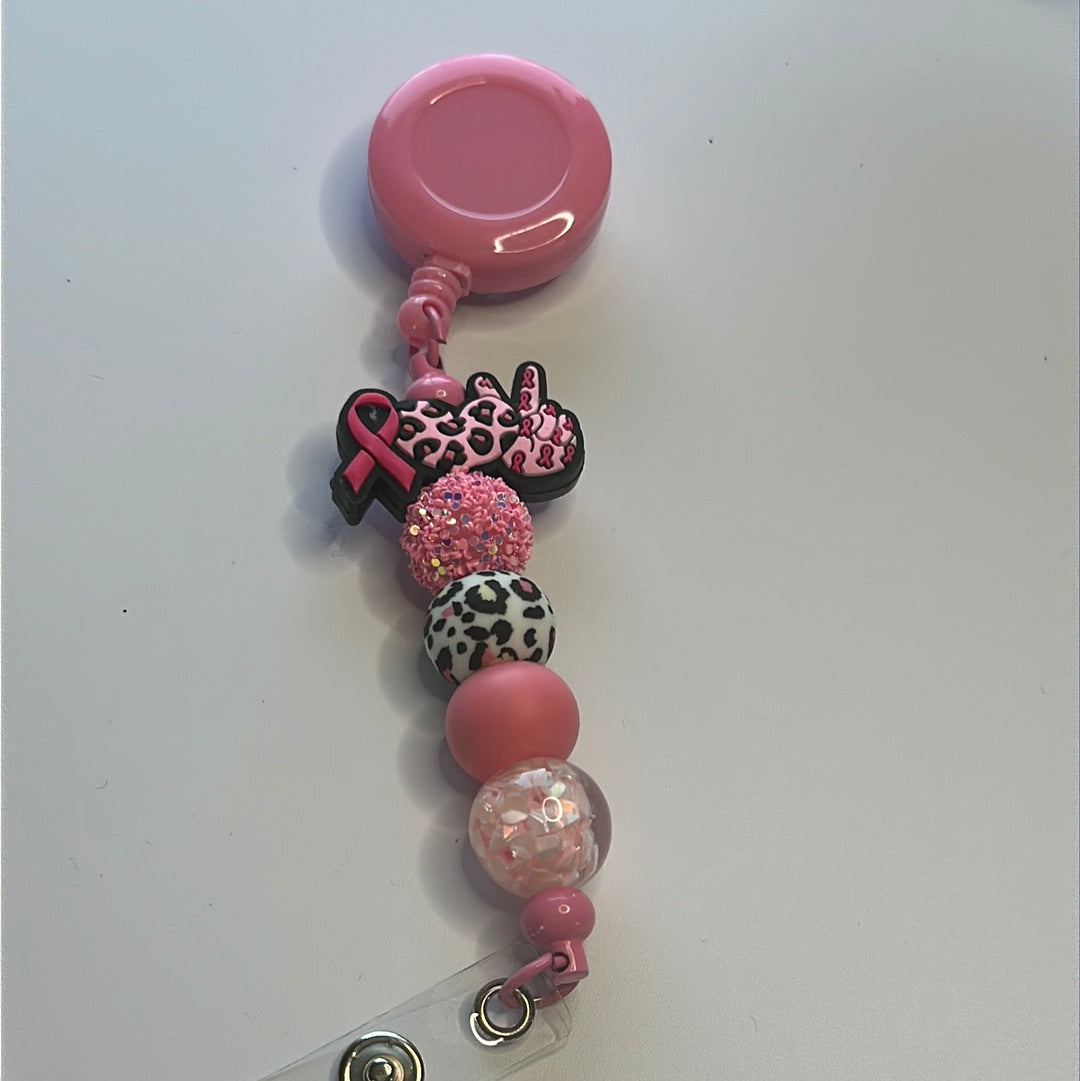 Peace, love,breast cancer beaded badge reel