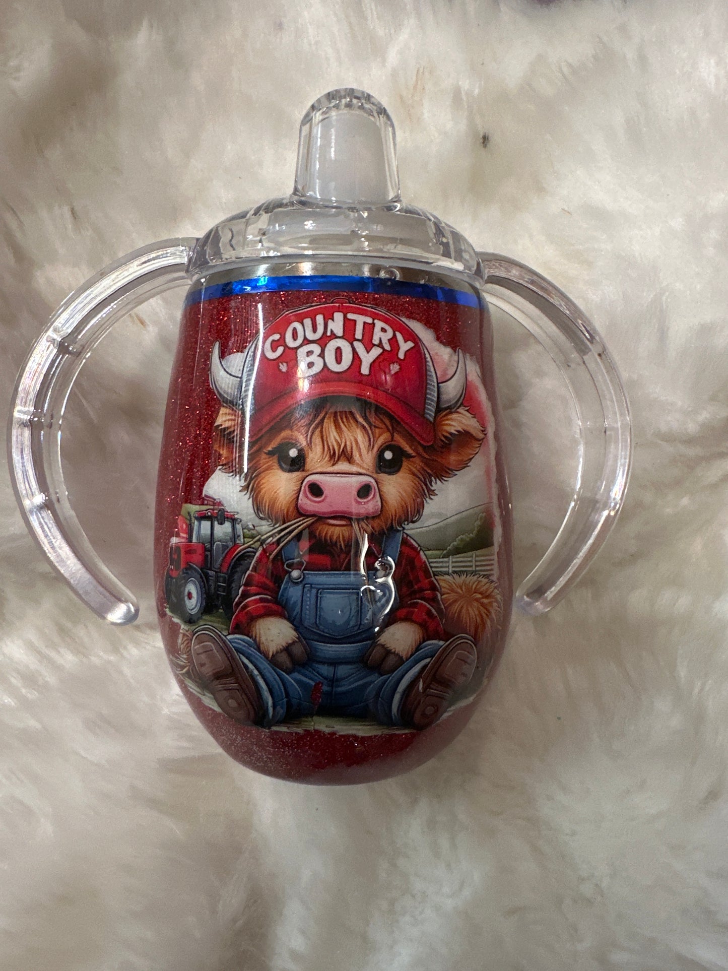 #5 Red country boy with overalls and a red tractor 8 ounce sippy cup