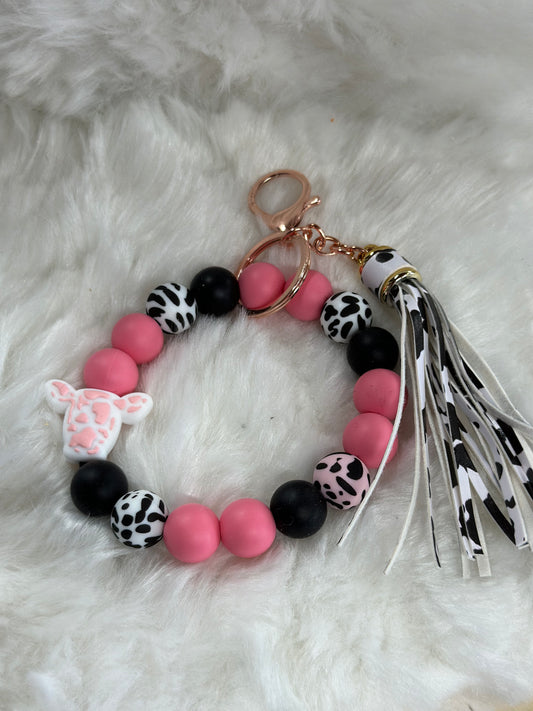 Pink cow wristlet keychain