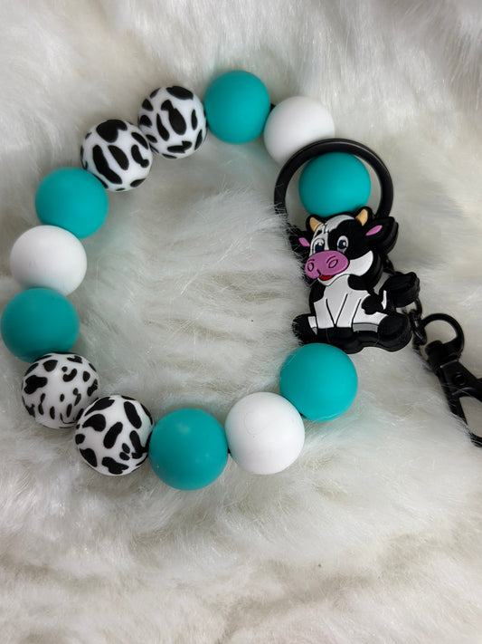Teal cow beaded keychain wristlet