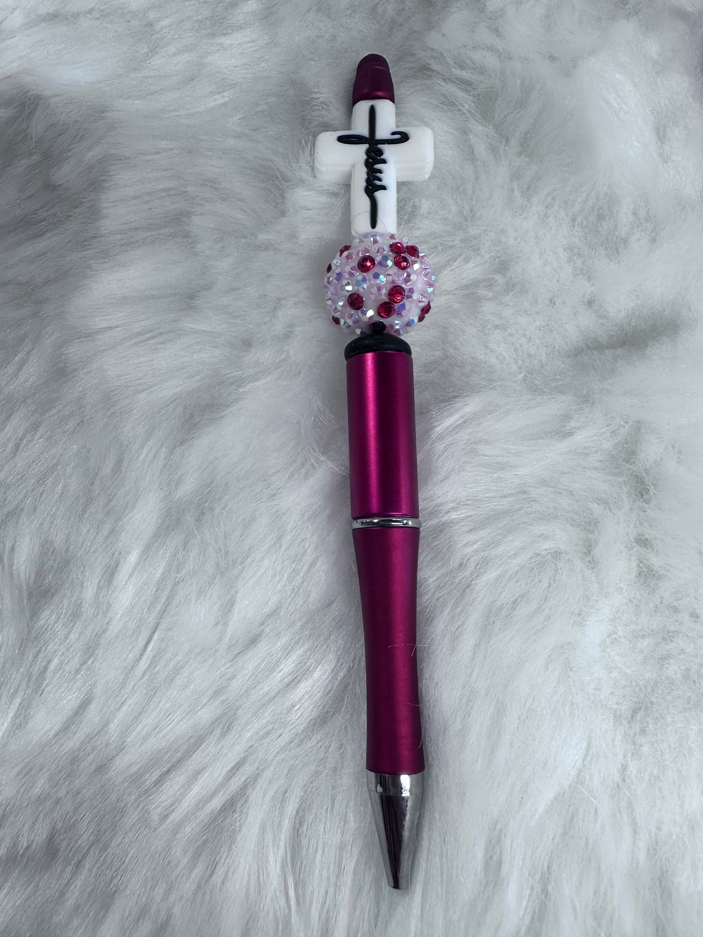 BEADED PINK WITH WHITE CROSS PEN