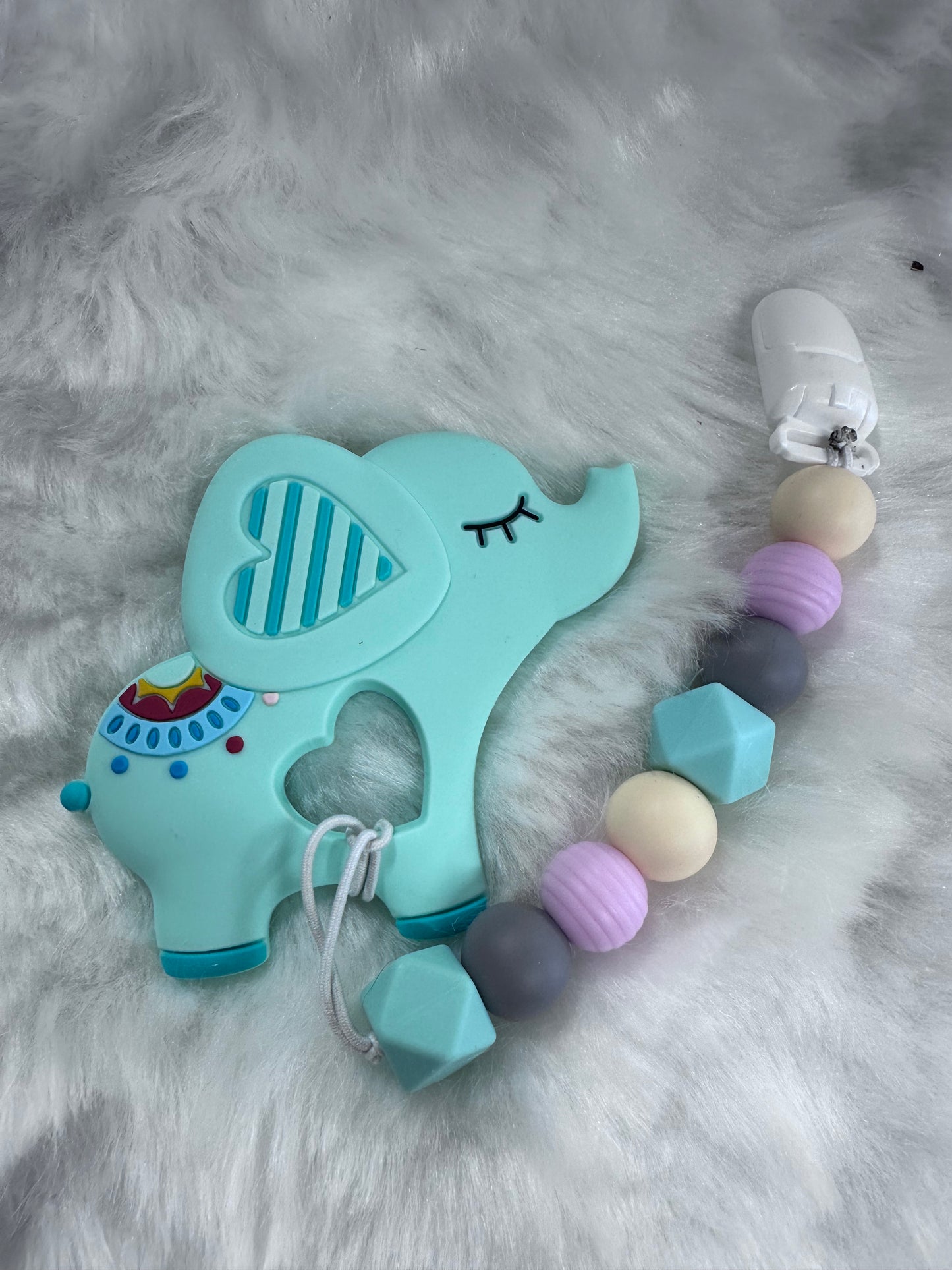 Teal elephant teether with clip