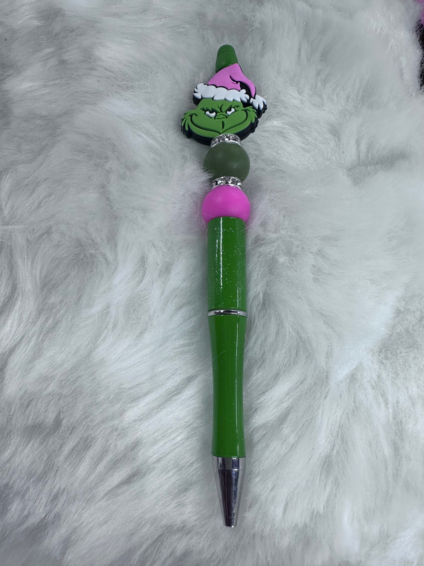 BEADED GREEN MONSTER WITH PINK HAT PEN