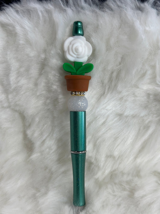 white flower and pot beaded pen